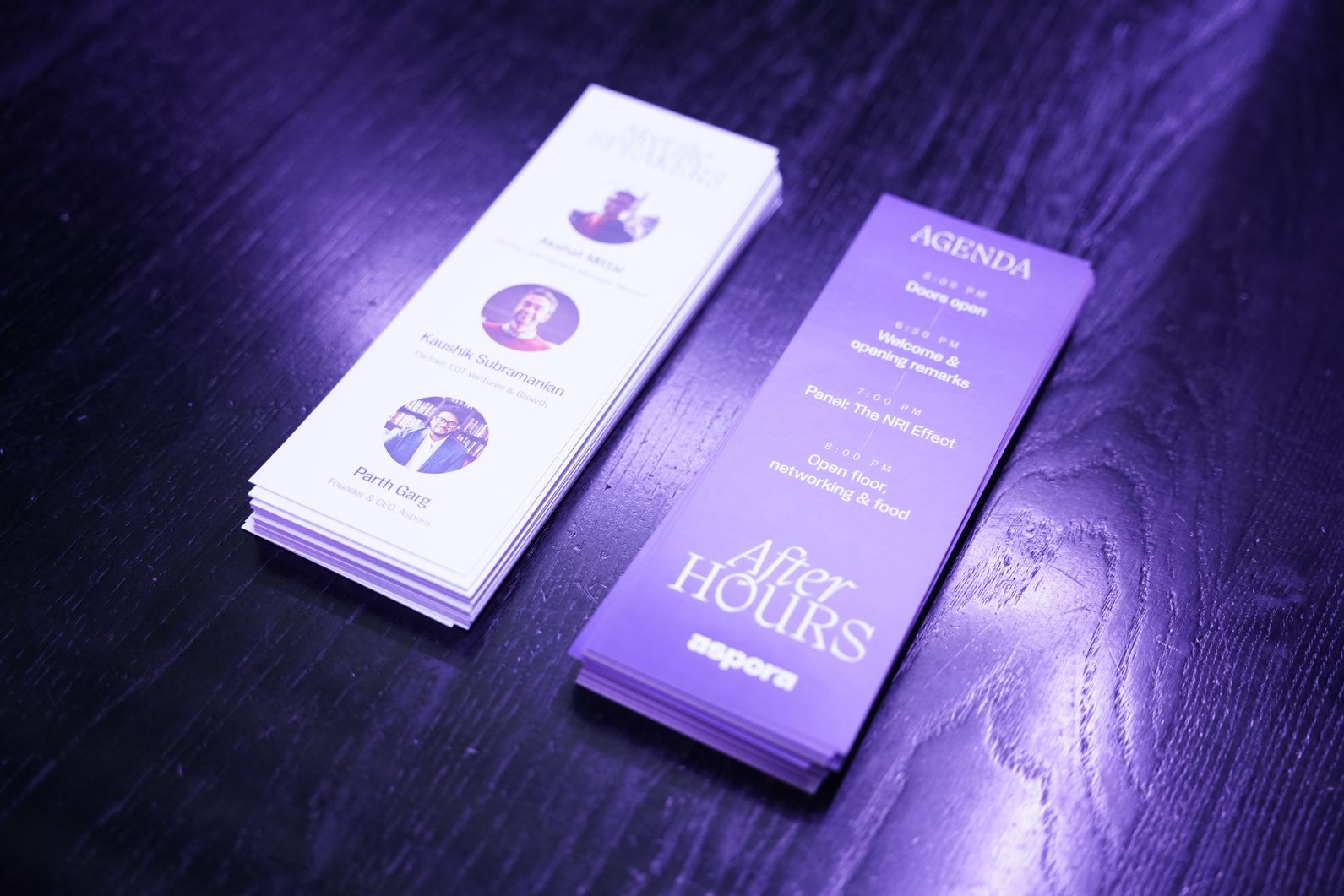 Printed agenda cards for the Aspora event